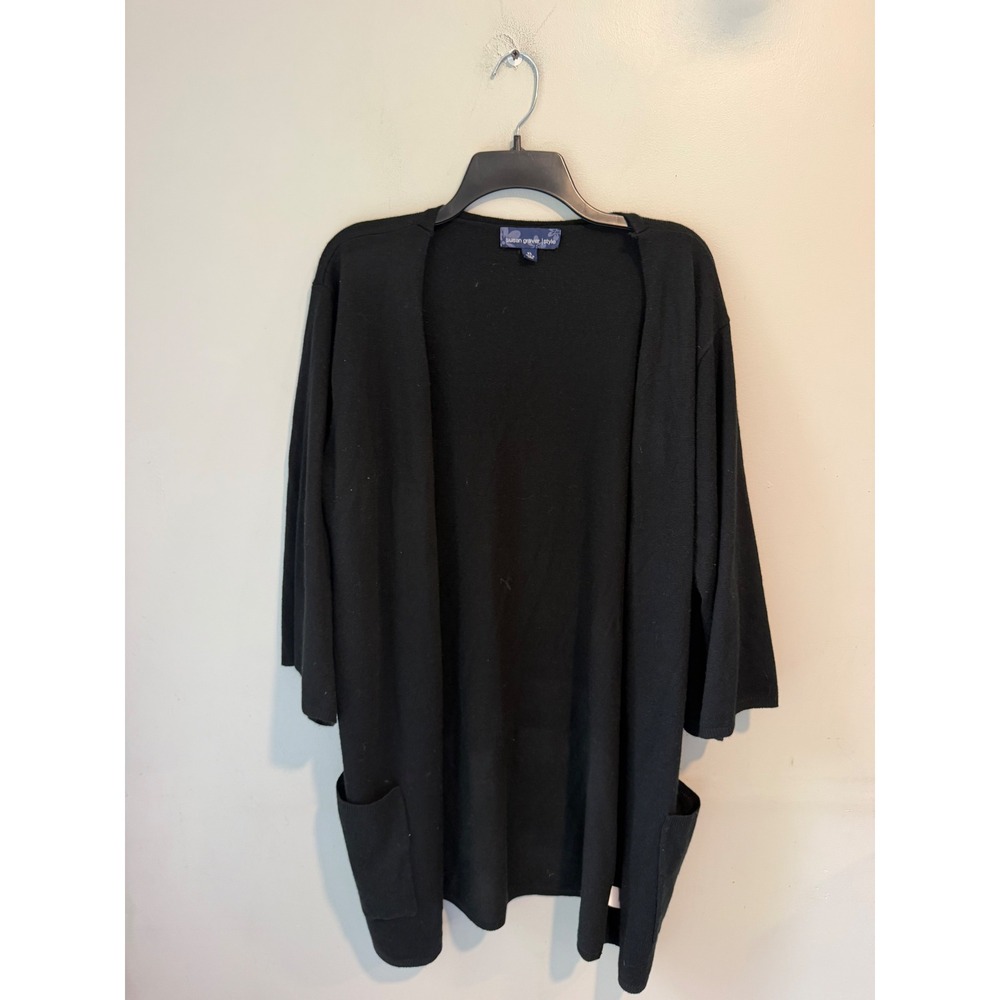 Susan Graver Style Black Open Front Cardigan Pockets XL 3/4 Sleeve Knit Sweater